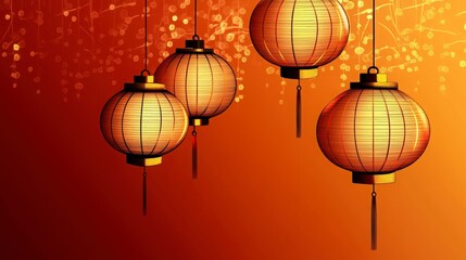 Vibrant Asian Lanterns Glowing in Warm Orange Background for Celebrations, Festivals, and Cultural Events Offering a Sense of Tradition and Charm