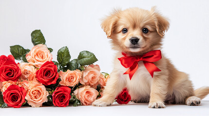  cute puppy with a red bow sitting on a soft, white surface beside a vibrant bouquet of roses.