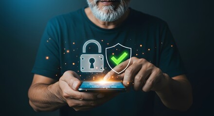 Mobile security system interface. Digital padlock and shield highlighting secure user authentication, advanced cyber safety, and innovative data protection through mobile technology visualization