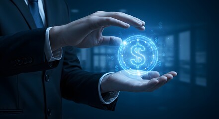 Business financial innovation with dollar symbol in digital style held by professional businessman in dark office background representing financial success management and futuristic economy concept