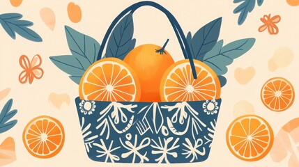 Vibrant and Colorful Illustration of a Decorative Basket Filled with Juicy Oranges Surrounded by Citrus Slices on a Soft Pastel Background