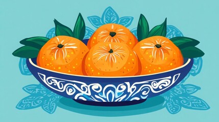 Vibrantly Illustrated Bowl of Oranges with Decorative Pattern on Turquoise Background Creating a Fresh and Lively Atmosphere for Food and Kitchen Themes
