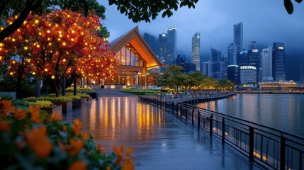 [Serene evening scene by city lakefront resort] Peaceful Evening by Waterfront Resort with City Skyline and Illuminated Trees
