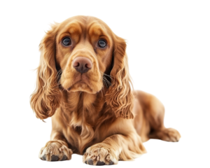 calm and friendly dog with long, wavy fur, lying down on transparency background. This adorable canine exudes warmth and charm, making it perfect companion