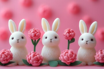 Cute white bunnies surrounded by pink flowers create a whimsical spring scene in a bright setting