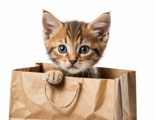 Adorable Kitten Peeking from a Brown Paper Bag: Cute Pet Photography