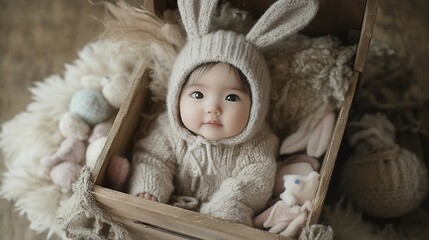 Adorable Baby in Bunny Outfit Wooden Crate Photo