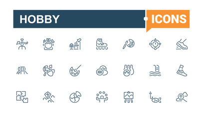Hobby linear icon collection. Includes thin line guitar, fish, cycling, cooking, movie, men, travel, gardening. Outline symbol collection. Editable stroke. Vector illustration.