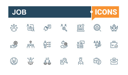 Job linear icon collection. Contains such icons as team, teamwork, person, businessman, meeting and more. Vector icons editable stroke.