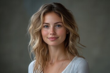 Naklejka premium Young woman with wavy hair smiles warmly against a soft background during a natural light portrait session