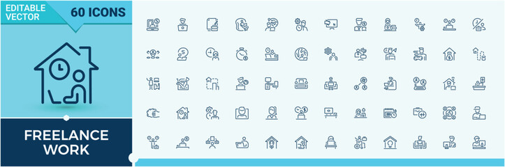 Freelance Work linear icon collection. Containing business, company, place, technology, conference, workplace and more. Minimal linear icons. Editable stroke. Vector illustration.