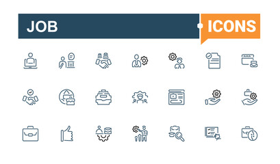 Job linear icon collection. Contains such icons as team, teamwork, person, businessman, meeting and more. Vector icons editable stroke.