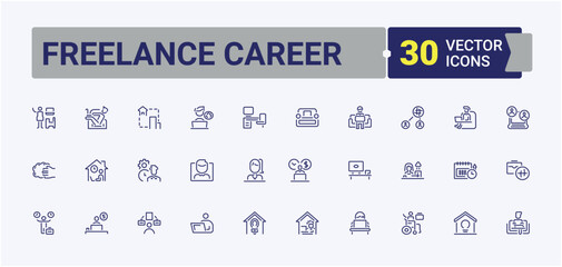 Freelance Career linear icon collection. It contains symbols to conference, work, coworking, job, team, computer and more. Perfect for logos and infographics. Editable stroke.