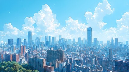 Obraz premium A watercolor cityscape portrays a city with gray buildings under a clear blue sky