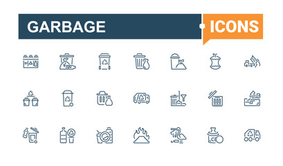 Garbage icon set. Contains such icons as junk, trash, bin, bag, eco, metal and more. Minimalistic icon. Editable stroke. Vector illustration.