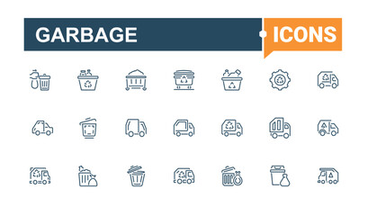 Garbage icon set. Contains such icons as junk, trash, bin, bag, eco, metal and more. Minimalistic icon. Editable stroke. Vector illustration.