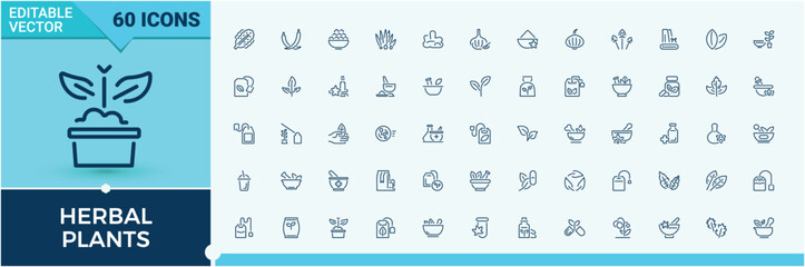 Herbal Plants icon collection. Related to mix, powder, salt shaker, pepper, food, salt, seed and more. Minimal icons. Editable vector stroke.