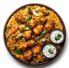 Fototapeta premium an Indian thali with biryani rice, chicken tandoori, and raita on a wooden plate