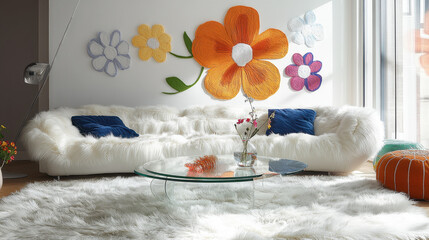 Modern Living Room with Plush Sofa and Floral Wall Art: A stylish and cozy living room features a large, plush white sofa, a glass coffee table.