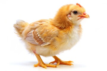 Fototapeta premium A small chicken with a red beak stands on a white background