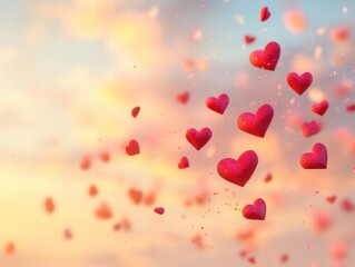 Obraz premium A whimsical scene with red heart icons floating against a soft pastel-colored sky, creating a peaceful and loving atmosphere