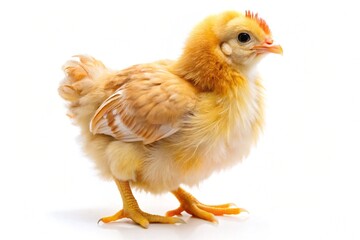 Fototapeta premium A small chicken with a red beak stands on a white background