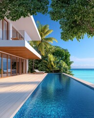 Fototapeta premium [luxury villa corporate rental luxury] Luxurious Tropical Island Villa with Modern Architecture & Ocean Views