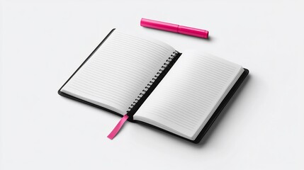 Open notebook with pink marker on white background.