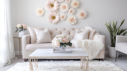 Serene Living Room Decor: A cozy and elegant living room featuring a beige sofa, plush cushions, a faux fur throw, a marble coffee table with gold accents.