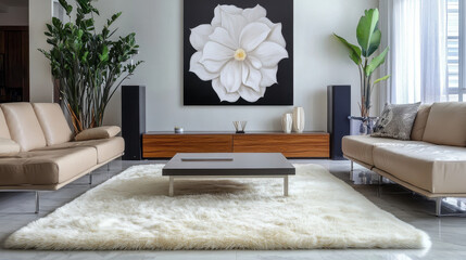 Modern Living Room with Magnolia Art: A stylish living room features a large, fluffy rug, beige sofas, and a striking black-and-white magnolia flower artwork as a focal point.