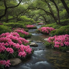 Fototapeta premium A peaceful park scene with pink azaleas and a meandering stream.