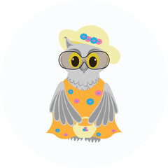 Cute owl in a sundress, hat, glasses and with a handbag in summer on vacation