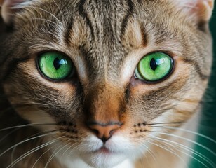 Close-Up Portrait of a Cat with Striking Green Eyes, Adorable Kitten with Beautiful Fur