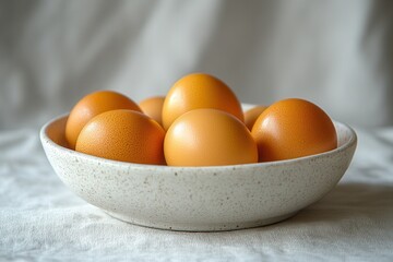 Fresh brown eggs arranged neatly in a ceramic bowl on a soft, textured surface in natural light
