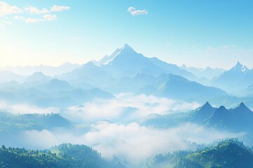 Obraz premium Misty mountain range sunrise landscape, serene nature scene, travel poster