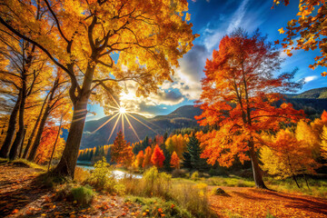 Fototapeta premium Breathtaking autumn scene with vibrant orange and yellow foliage, sunlight