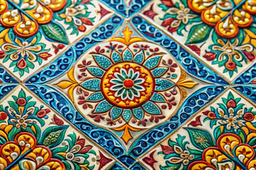 Intricate ceramic tile design featuring vibrant colors and floral patterns