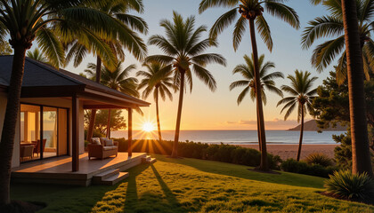 Fototapeta premium Coastal home with palm trees and a stunning sunset view over the ocean