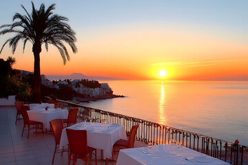 Fototapeta premium A picturesque sunset over a tranquil sea, with dining tables set on a balcony, palm trees framing the scene, creating a romantic atmosphere