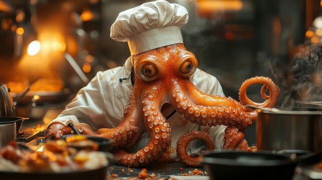 [Animated octo chef kitchen scene] Animated Octopus Chef Cooking Scene with Seafood Dishes Kitchen Utensils