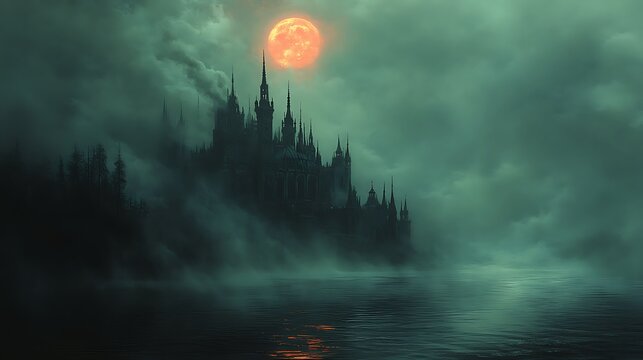 Dark castle shrouded in mist under a blood moon.
