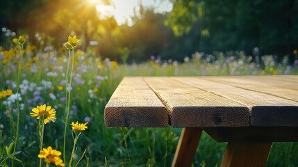 Fototapeta premium [serene picnic table settings with wildflowers and sunsets] Serene Woodland Picnic Oasis with Wildflowers and Warm Sunset Glow