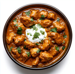 chicken masala in a bowl with cream on top, against a white background