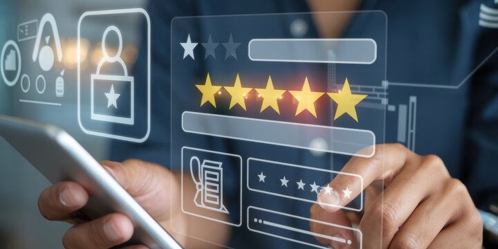 Person using tablet to leave a five star review online