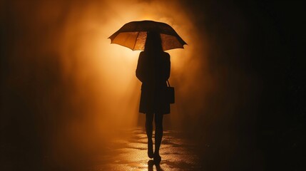 A silhouette of a figure holding an umbrella under a soft spotlight. The shadows create a dramatic and emotional scene.