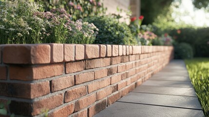 Garden Brick Wall with Colorful Flowers in Sunshine