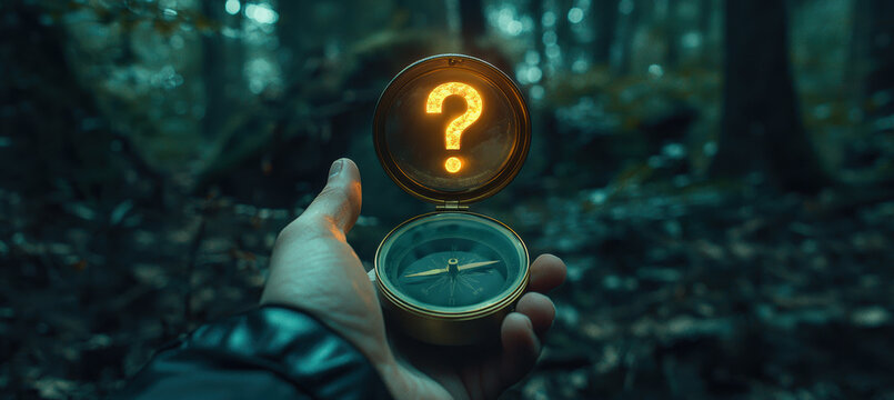 Guidance and Exploration Concept with Compass and Glowing Question Mark in Mysterious Forest