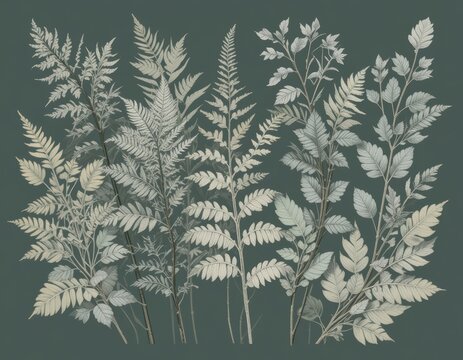 Elegant Botanical Illustration: Pressed Ferns and Leaves on Dark Green Background