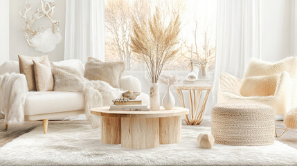 Serene Living Room:  A tranquil and stylish living room interior, featuring a light and airy color palette, fluffy textures, pampas grass, and a unique wooden coffee table.