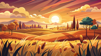 Scenic shot of sunset over an autumn field with dry grass in Lithuania, cool for background © williamnoah